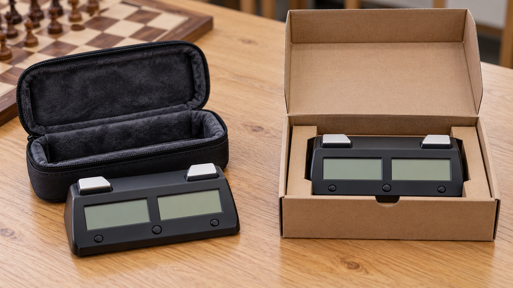 Two unbranded digital chess clocks compared beside an open padded zippered pouch and an open fitted cardboard retail box on a club table