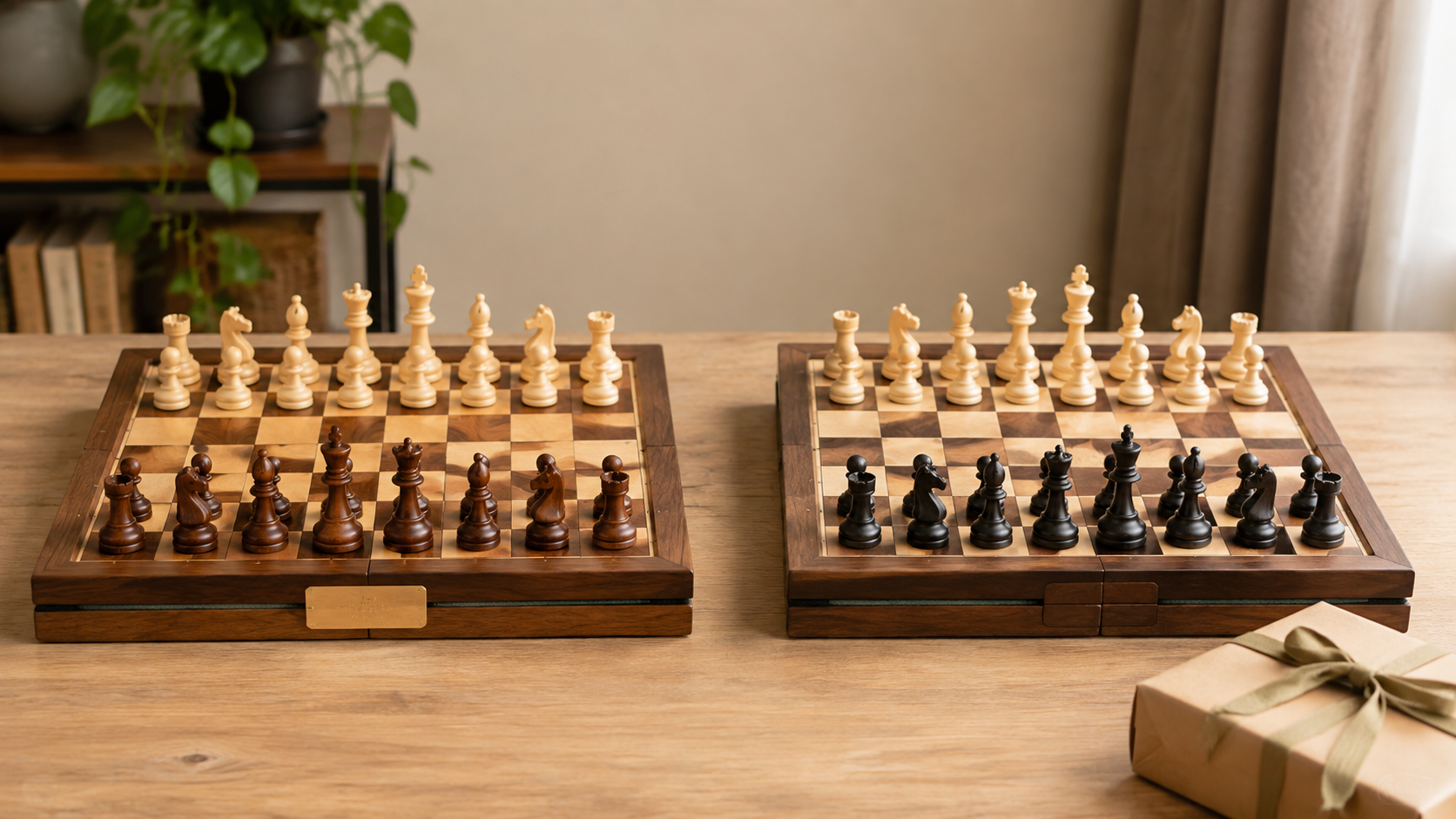 Two complete wooden chess sets on a gift table, one with a blank engraving plate and one with a plain case, showing the personalized-versus-standard choice