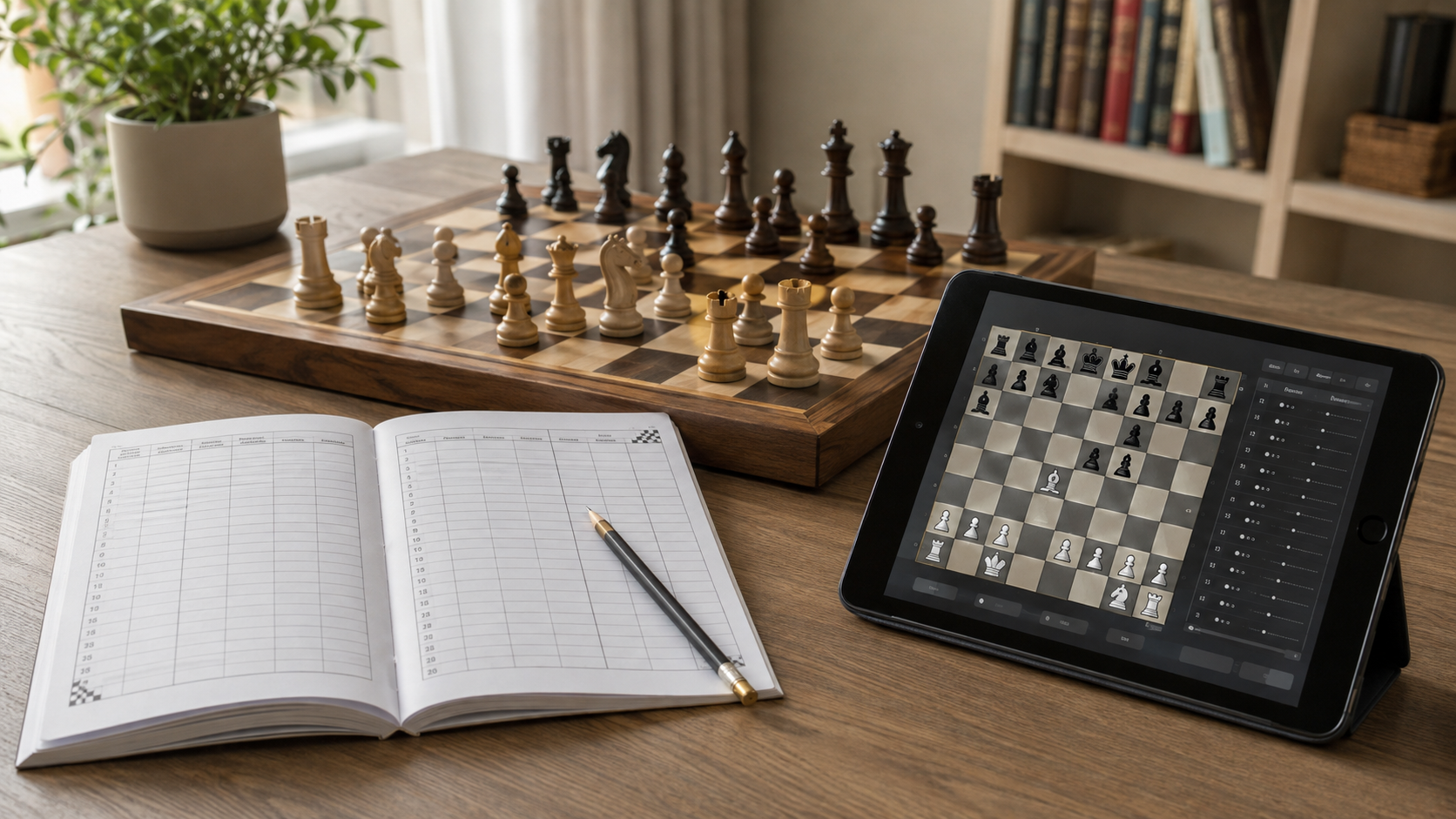 Open printed chess scorebook with a pencil and an unbranded tablet showing a generic digital game record beside a wooden chessboard