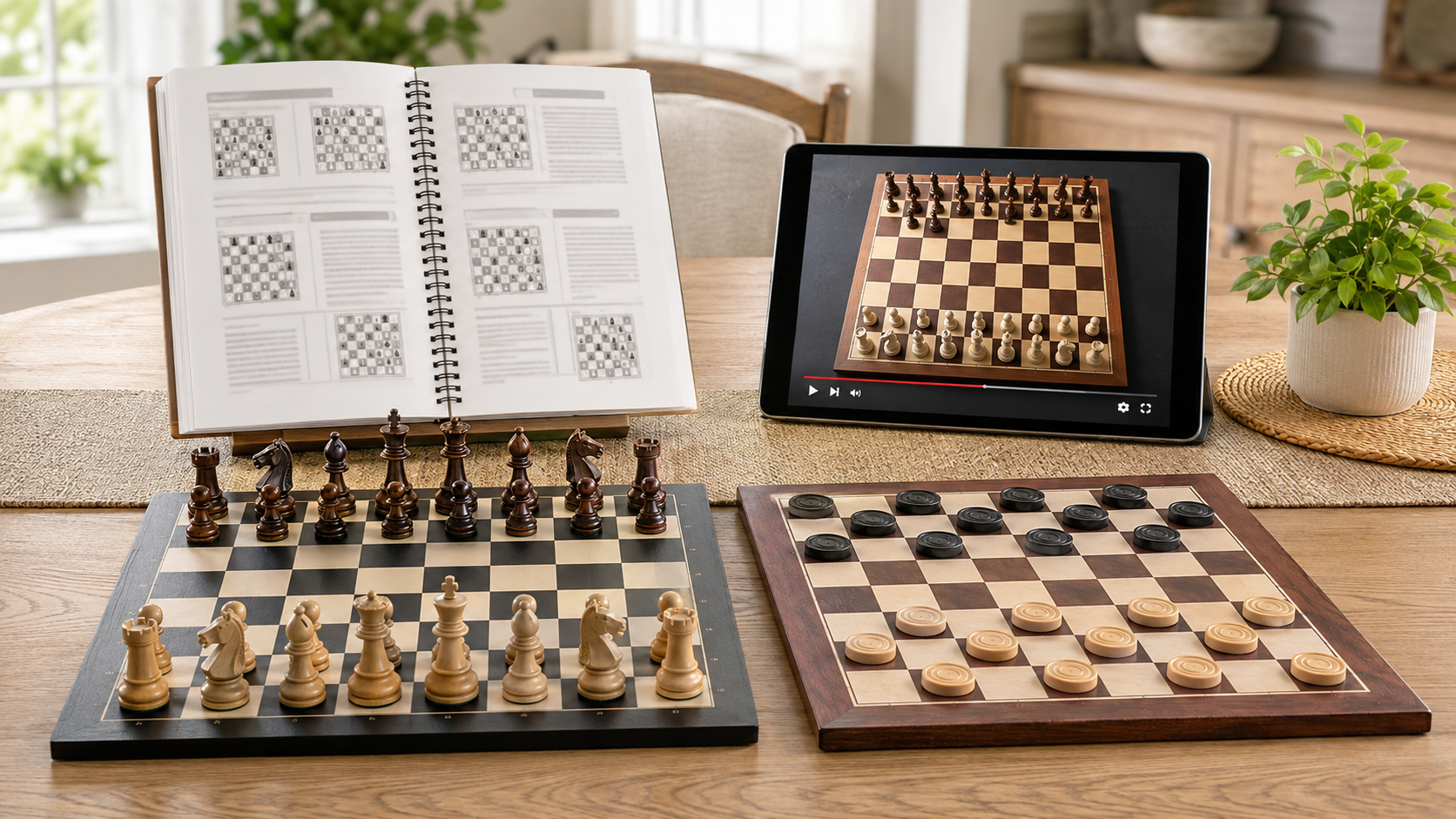 Open printed game guide and a tablet showing a paused chess demonstration behind separate chess and checkers boards, illustrating two family learning formats