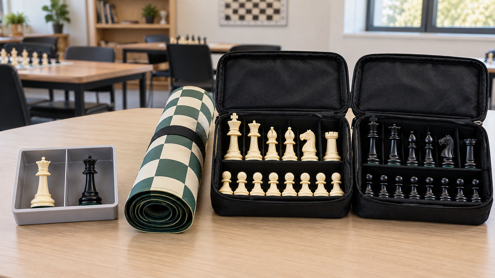 One light and one dark replacement queen in a divided tray beside complete-looking light and dark spare chess piece groups in open zippered cases