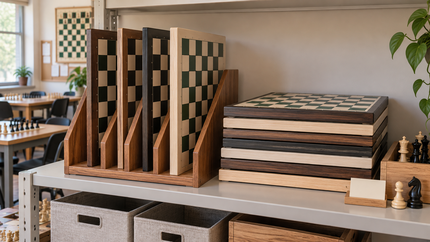 Several rigid chess boards stored upright in separate wooden rack slots beside a neat horizontal stack on a flat shelf