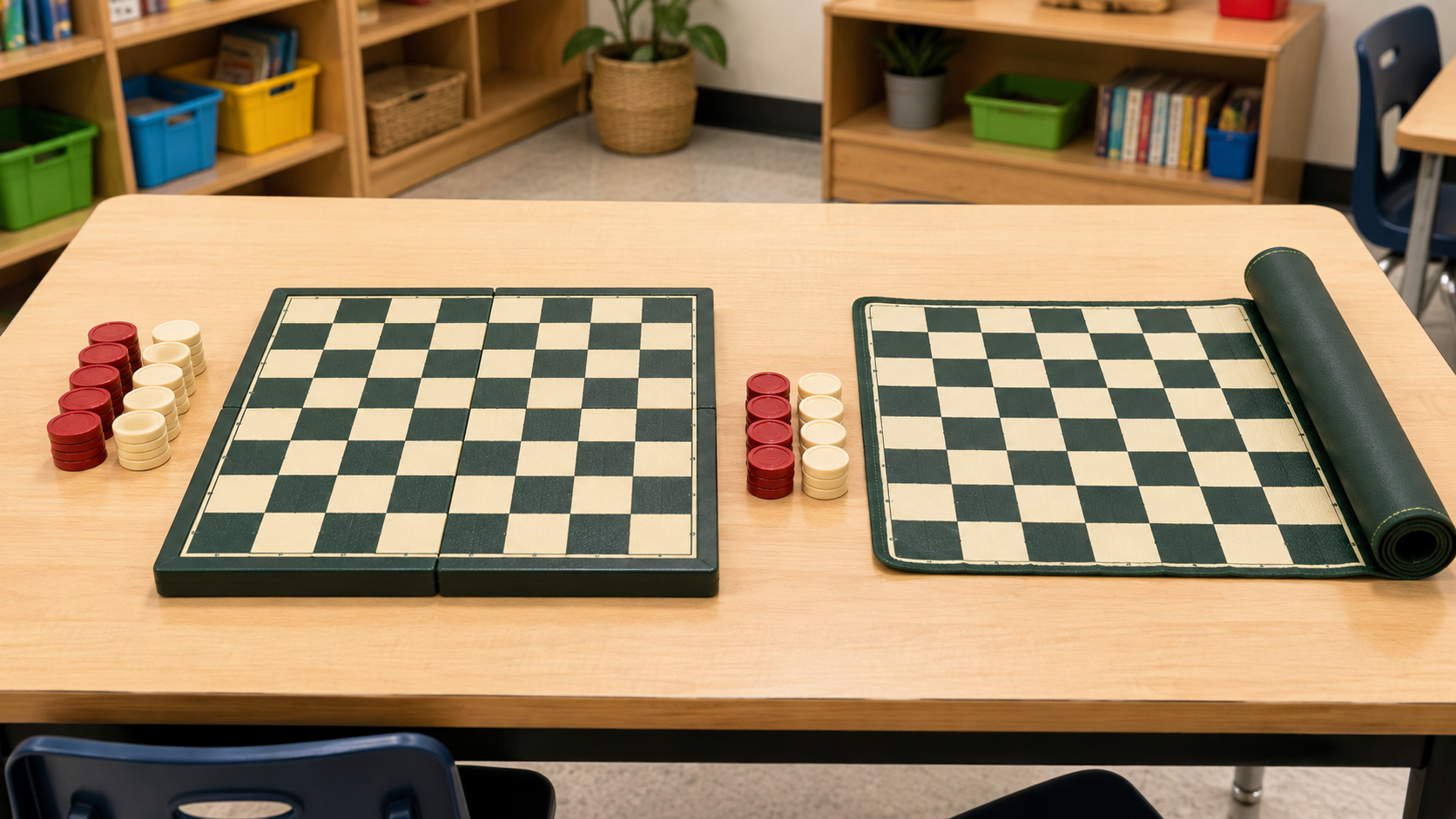 A rigid folding 8-by-8 checkers board and a flexible roll-up 8-by-8 checkers mat side by side with stackable red and cream pieces on a classroom table