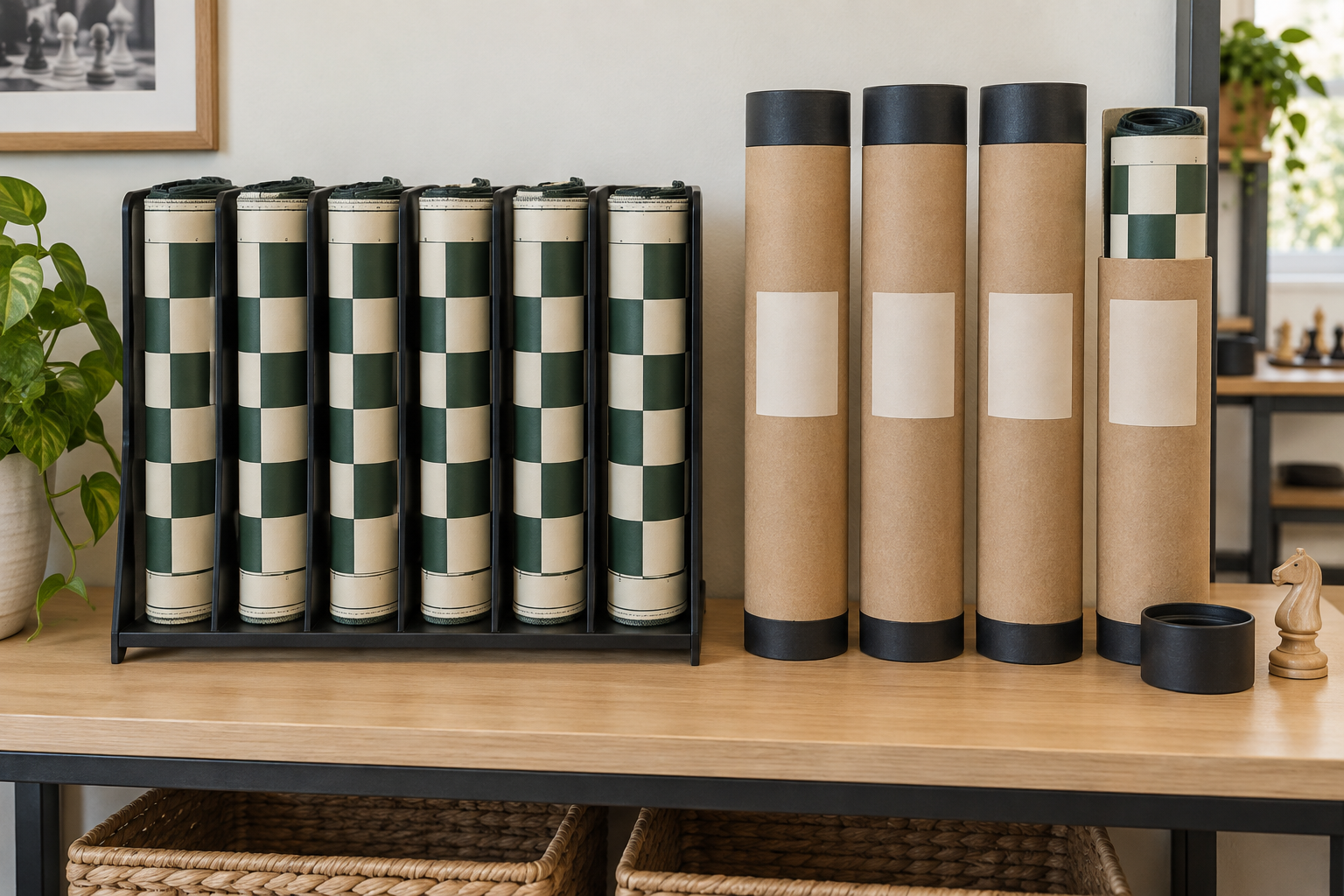 Six green and cream roll-up chess boards stored upright in separate slots of an open rack beside four rigid kraft-colored storage tubes with blank labels