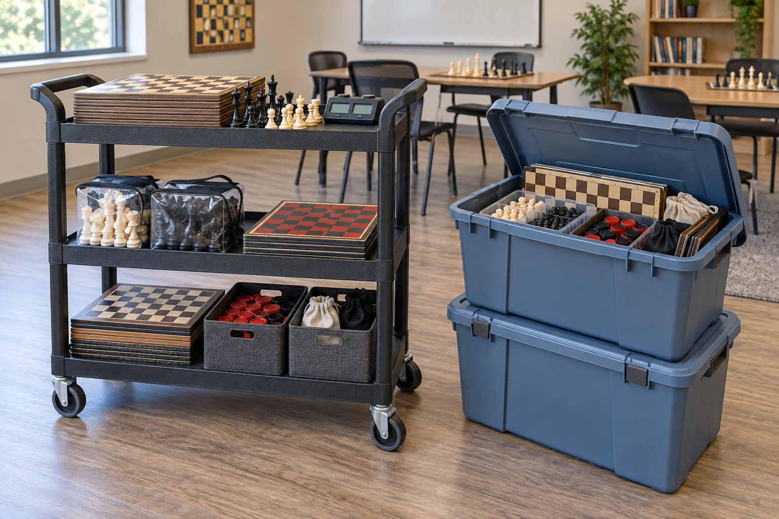 Three-tier rolling utility cart beside two lidded stackable totes, both organized with chess boards, checkers boards, pieces, and a chess clock for club use