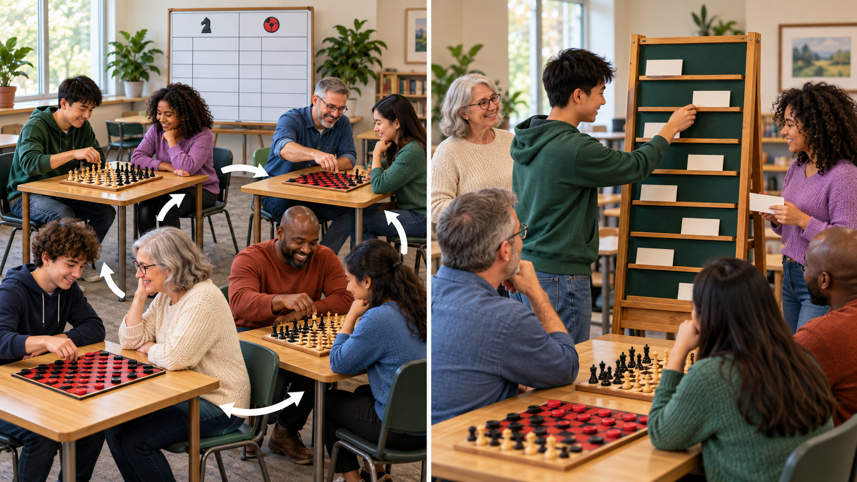 Illustration comparing scheduled chess and checkers table rotations on the left with members updating a flexible challenge ladder on the right