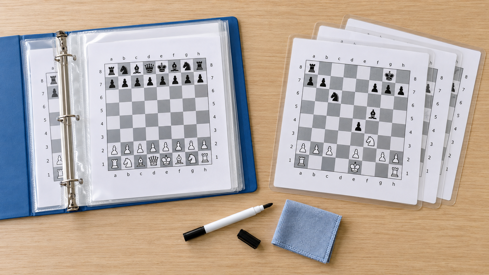 Chess worksheets held in clear binder sheet protectors on the left and individually laminated chess worksheets on the right, with a marker and cleaning cloth between them